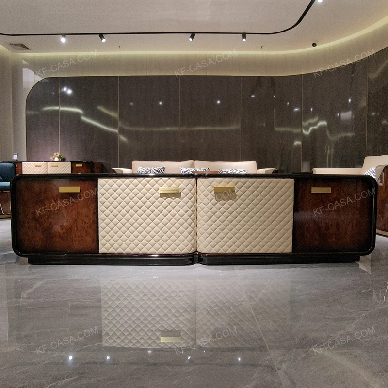 Refined TV Stand with Quilted Upholstered Panels, Natural Wood Veneer Finish and Brushed Stainless Steel Handles